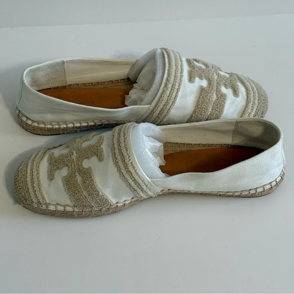 Tory Burch Ines Double T Canvas Espadrilles White Coastal Tan Flat Sz 10 Summer